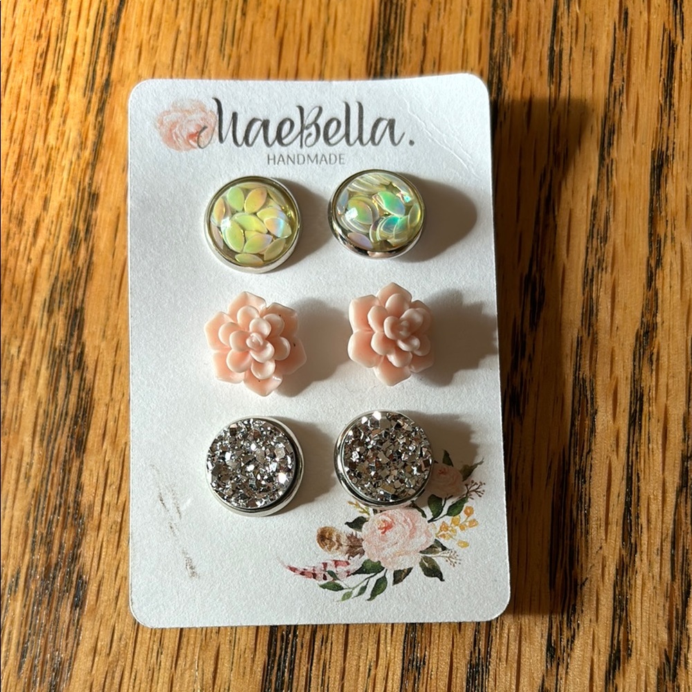MaeBella Floral and Glitter Earring Trio